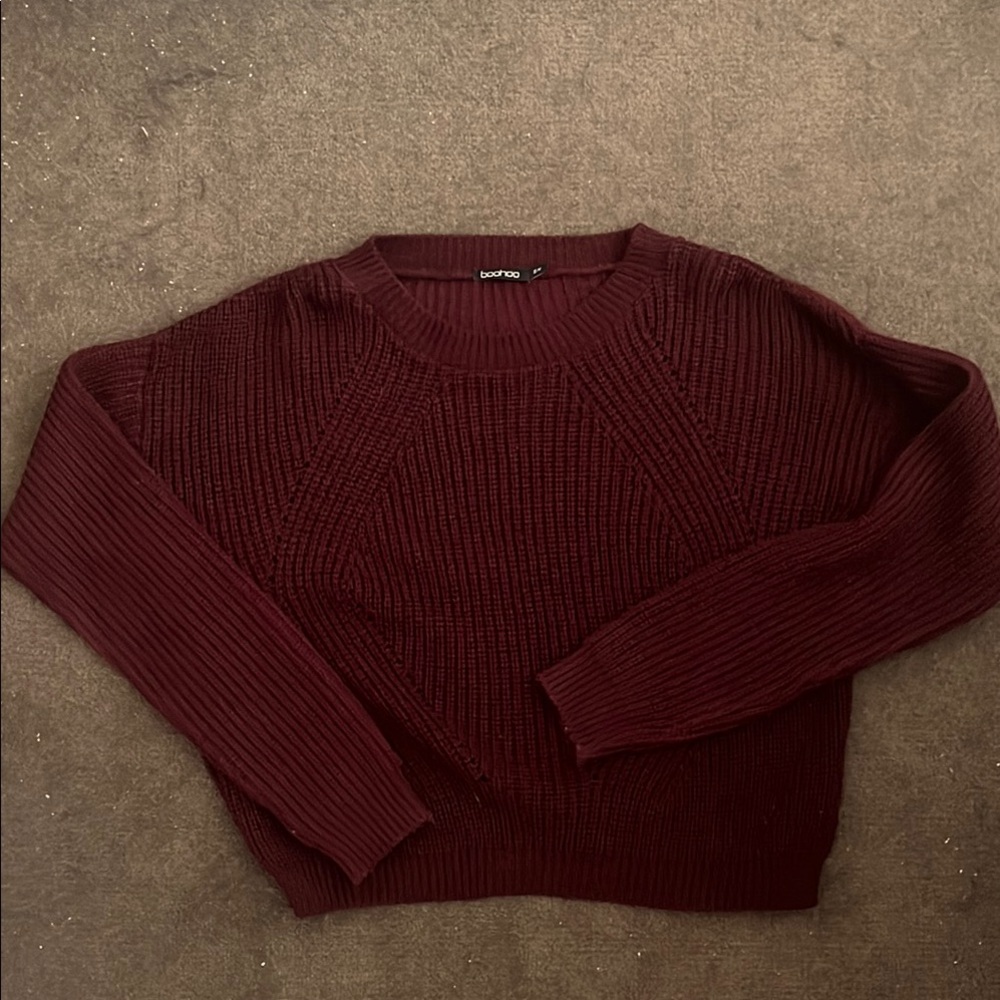 Boohoo Red Crew Neck Sweater Ribbed Knit Cropped
